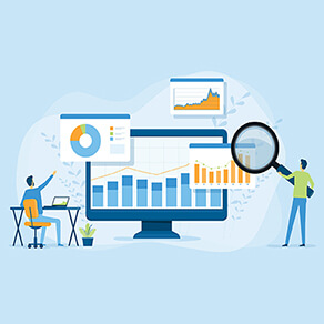 Drawings of business people looking at large monitor with a magnifying glass and analytics charts and dashboards behind them