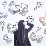 Money search and idea concept with pensive woman back view looking at white wall with handwritten sketch of money packs and question marks