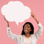 Woman holding cloud bubble above her head