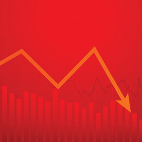 Red bar graph with orange arrow pointing down