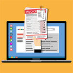 Laptop computer screen graphic image with a hand reaching out of the screen holding an invoice