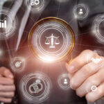 Multiple images of circles with images inside them including a clipboard, rings, and a graph, and hands reaching out to a scale in the middle