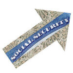 social security goes up as shown by arrow made of twenty dollar bills with rising inflation
