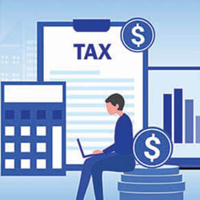 Cartoon like image of businessman sitting on a stack of coins working on a laptop with a calculator, clipboard with word