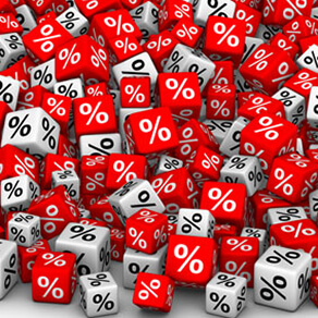 Red and white small square cubes with percent signs on them