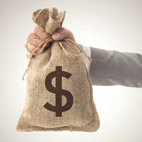 Hand held out holding a brown bag of money.