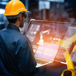 Smart industry robot arms for digital factory production technology showing automation manufacturing process of the Industry 4.0 or 4th industrial revolution and IOT software to control operation .