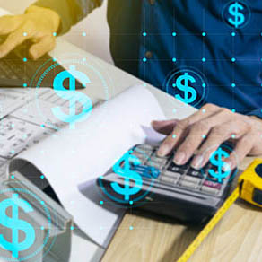 Person working and using a calculator with dollar signs overlaid on image