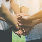 Team teamwork business join hand together concept, Power of volunteer charity work, Stack of people hand