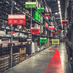 Smart warehouse management system using augmented reality technology to identify package picking and delivery . Future concept of supply chain and logistic business .