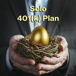 A golden egg in a nest is held in a pair of hands with solo 401k plan