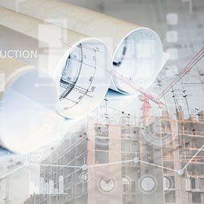 Collage with construction plans and charts