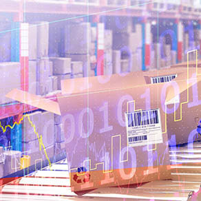 Manufacturing facility with boxes on a conveyer belt with graphics overlaid on it