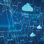 Blue digital lines and dots with clouds