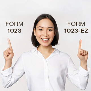 Image of woman in white pointing index fingers up to words Form 1023 and Form 1023-EZ