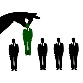 Graphic of hand picking up man from line of men