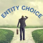 Man with briefcase in one hand and other hand on head with two paths of entity choice