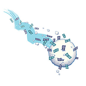 A downward falling ball with money falling from it