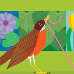 Colorful drawing of a bird with a worm in it's mouth