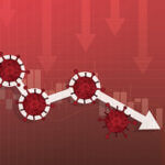 Coronavirus molecules in white circles and white arrow on red background