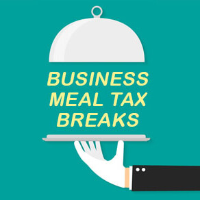 Teal box with serving tray expressing tax breaks for business meals