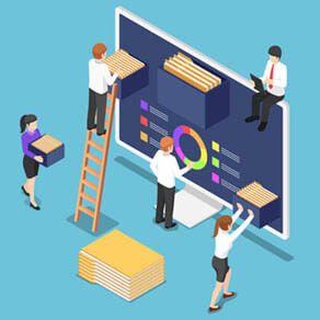 Picture of 5 people, 4 with with file boxes and 1 sitting on top of blue cabinet with computer