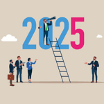 Drawing with the number 2025 and a ladder with business professionals climbing up to the numbers