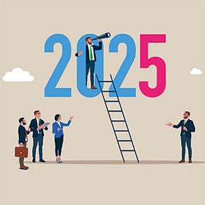 Drawing with the number 2025 and a ladder with business professionals climbing up to the numbers
