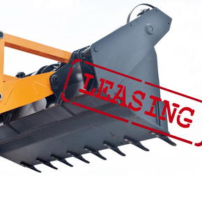 A construction bucket crane with word leasing stamped over it written in red