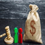 Money bag with 2 pawns and gavel