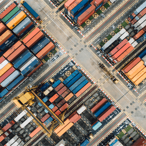 A top view of multi colored freight cars